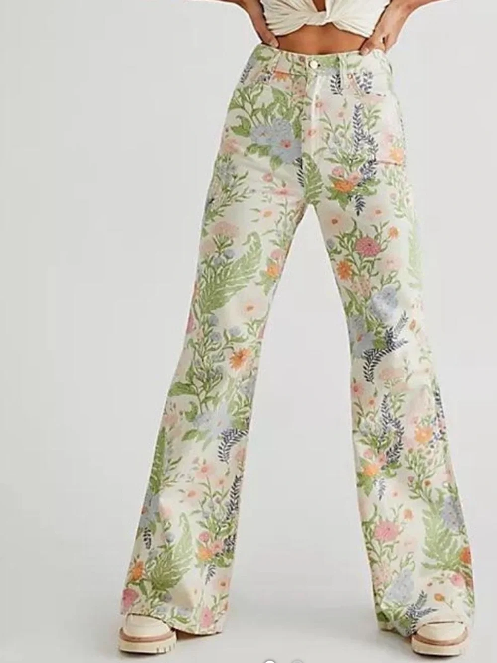 Free People Wrangler Pastel Floral High-Rise Jeans in Pink, Green, Blue, Cream - Picture 1 of 3